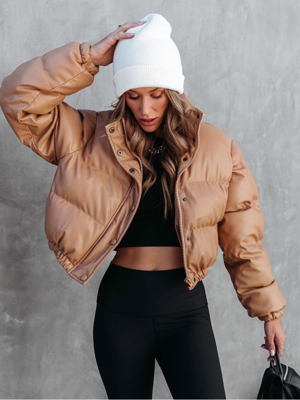 Yorker Tan Faux Leather Pocketed Puffer Jacket